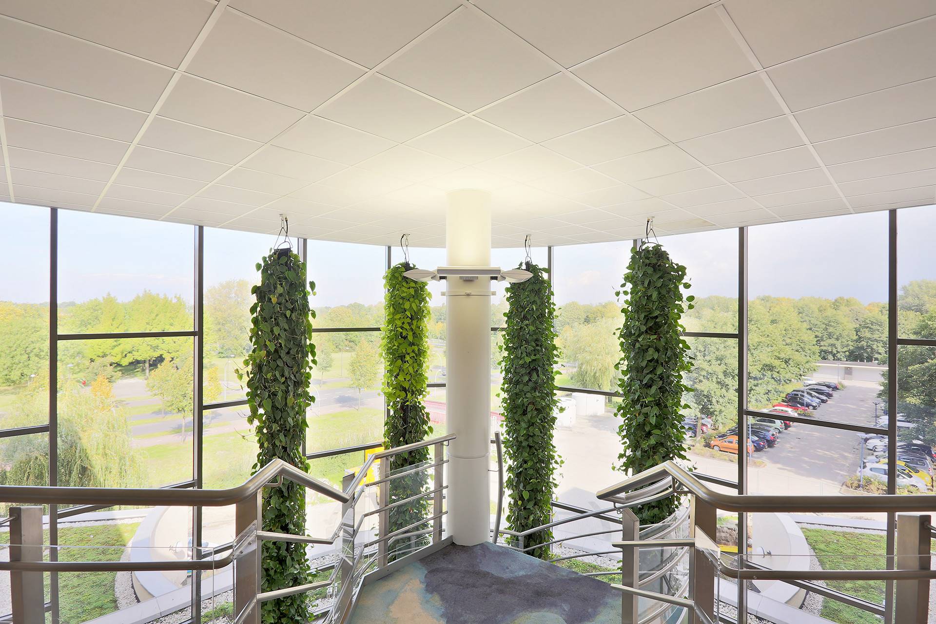 Deze plantstalagmite dient als verbindende factor tussen de verdiepingen van dit kantoor in Lelystad. 